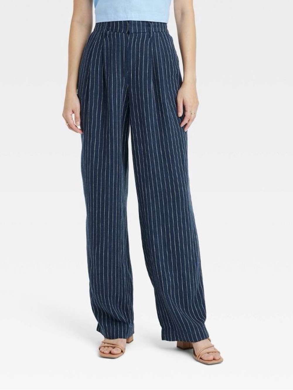 A New Day Blue Pinstripe Linen Straight Trousers Size 14